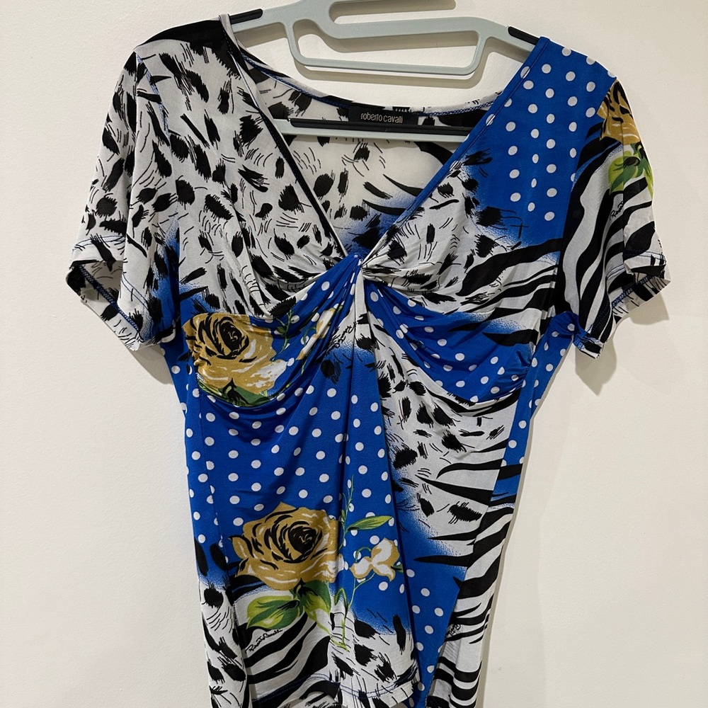 Roberto Cavalli Blue and Black Abstract Top